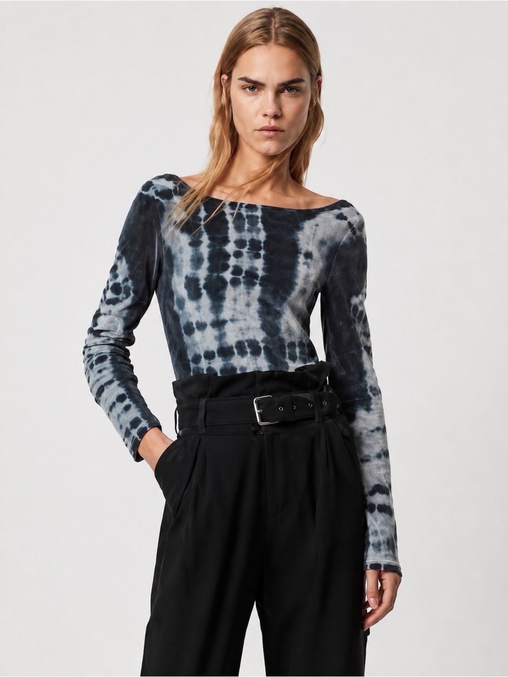 AllSaints Raffi Velvet Tie Dye Bodysuit Black Gray Ink Blue US 10 NWT
